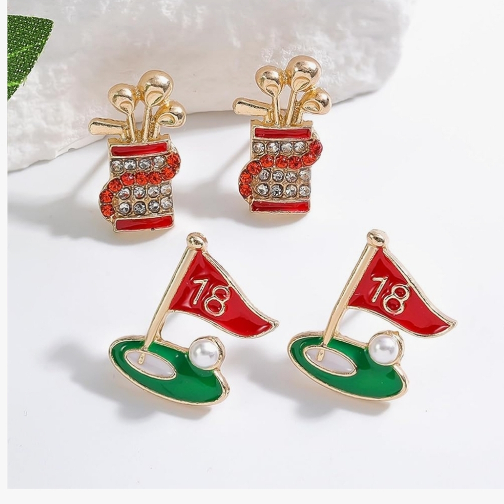 Golf-Themed Red & Green Earrings Set - Unbranded